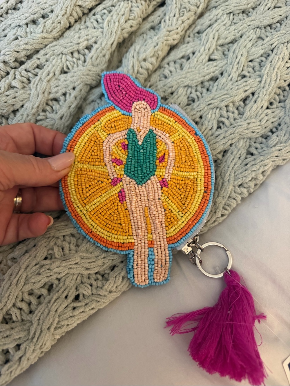 Beaded Citrus coin purse, Keychain with Pink Tassel